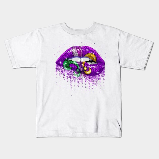 Womens Mardi Gras Carnival Costume Purple & Gold Fleur-De-Lis Lips Kids T-Shirt by artbyhintze